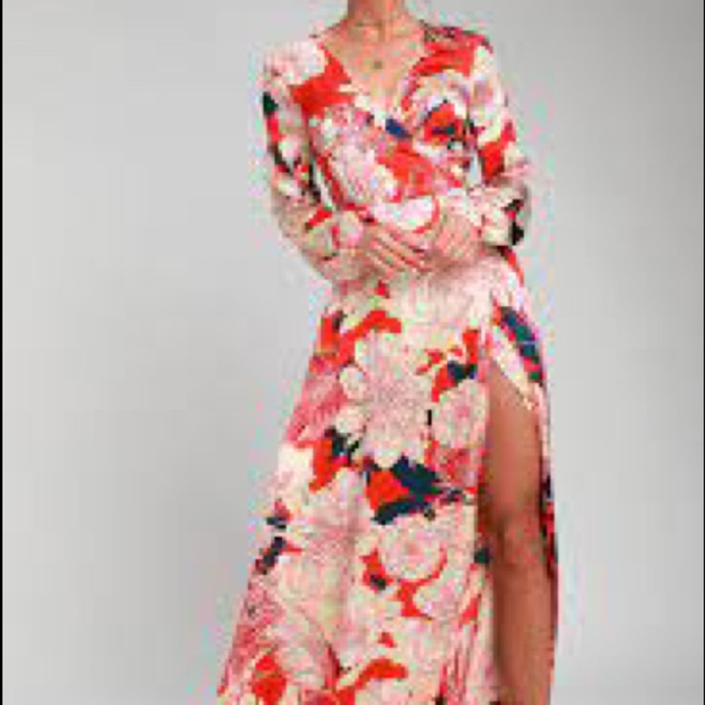 Lulu’s Coral Red long sleeve floral print satin wrap maxi dress.